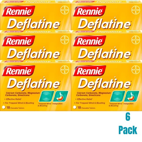 6 x Rennie Deflatine 18 Tablets (Sugar Free) Trapped Wind Bloating FAST