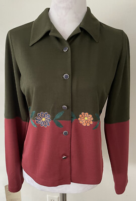 D ax Olive Green & Brick Red Embroidered Button Up Blouse Top Size M Vintage