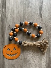 Handmade Wood Bead Garland with Tassel  Pumpkin Orange  Black Halloween Fall