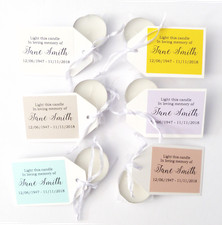 PERSONALISED FUNERAL REMEMBERANCE TEALIGHT CANDLES IN MEMORY OF COLOURED FAVOUR