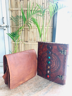 18'' Men's Leather Laptop Messenger Briefcase Bag Satchel Free Leather Journal