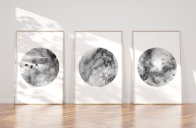 Grau und Schwarz Abstrakt Mond Stil Wandbilder 3er Set A4 Ungerahmte Drucke