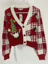 Hooked Up by IOT Juniors Holiday Gnomes Embellished Christmas Cardigan size XS