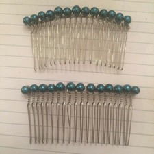  2 Vintage Peacock BLUE Faux Glass Pearls Metal Hair Combs