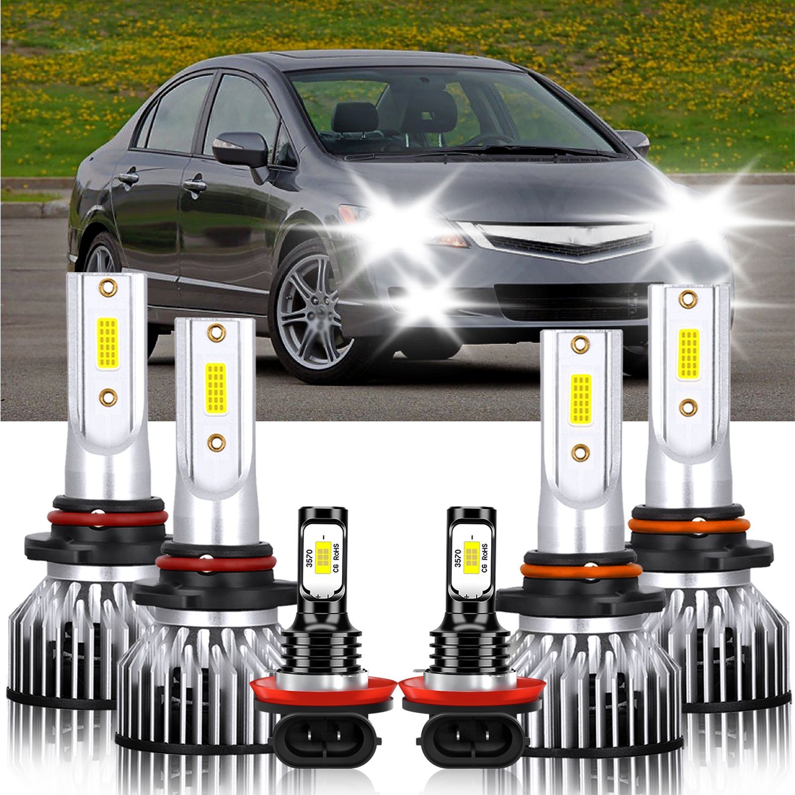 For Acura CSX 2006-2011 6Pcs LED Headlight High Low Beam+Fog Light Bulbs Kit