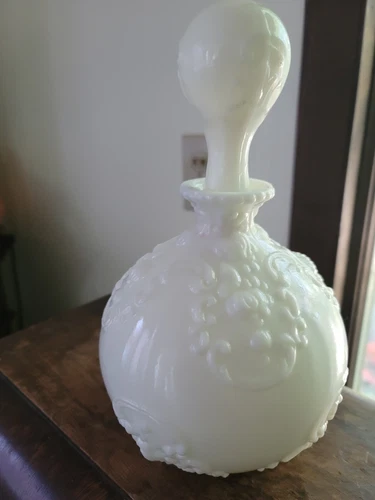 Antique Milk Glass Embossed Barber Perfume Decanter Scroll Pattern Vintage