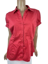 Apt 9 Blouse Sz L Red w Black Dots Button Front Collared Short Sleeves Cotton Bl