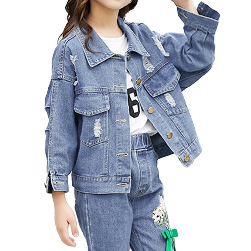 Kids Girls Ripped Denim Jacket Flower 