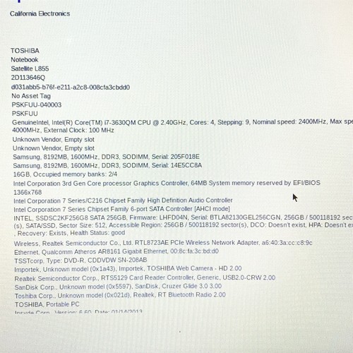 Toshiba Satellite L855 15.5" Intel i7-3630QM 2.40GHz 16GB 256GB SSD Windows 11 - Picture 7 of 7