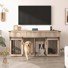 71'' Double Dog Crate Furniture with 3 Fluted Drawers and Type-C Power Outlet