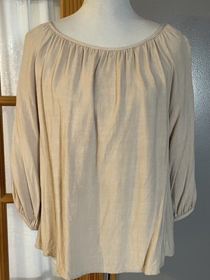 80s Final Touch Linen Blend Blouse Sz M Beige Balloon Sleeve USA Made Minimalist