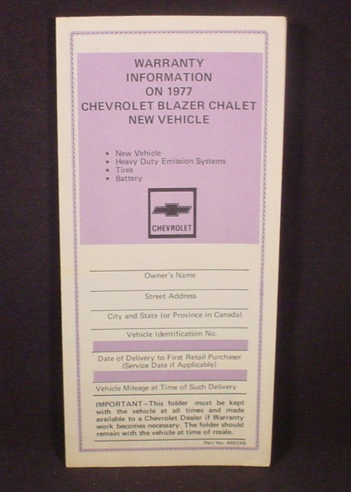 1977 Chevrolet Blazer Chalet Warranty  Booklet  - NEW OLD STOCK