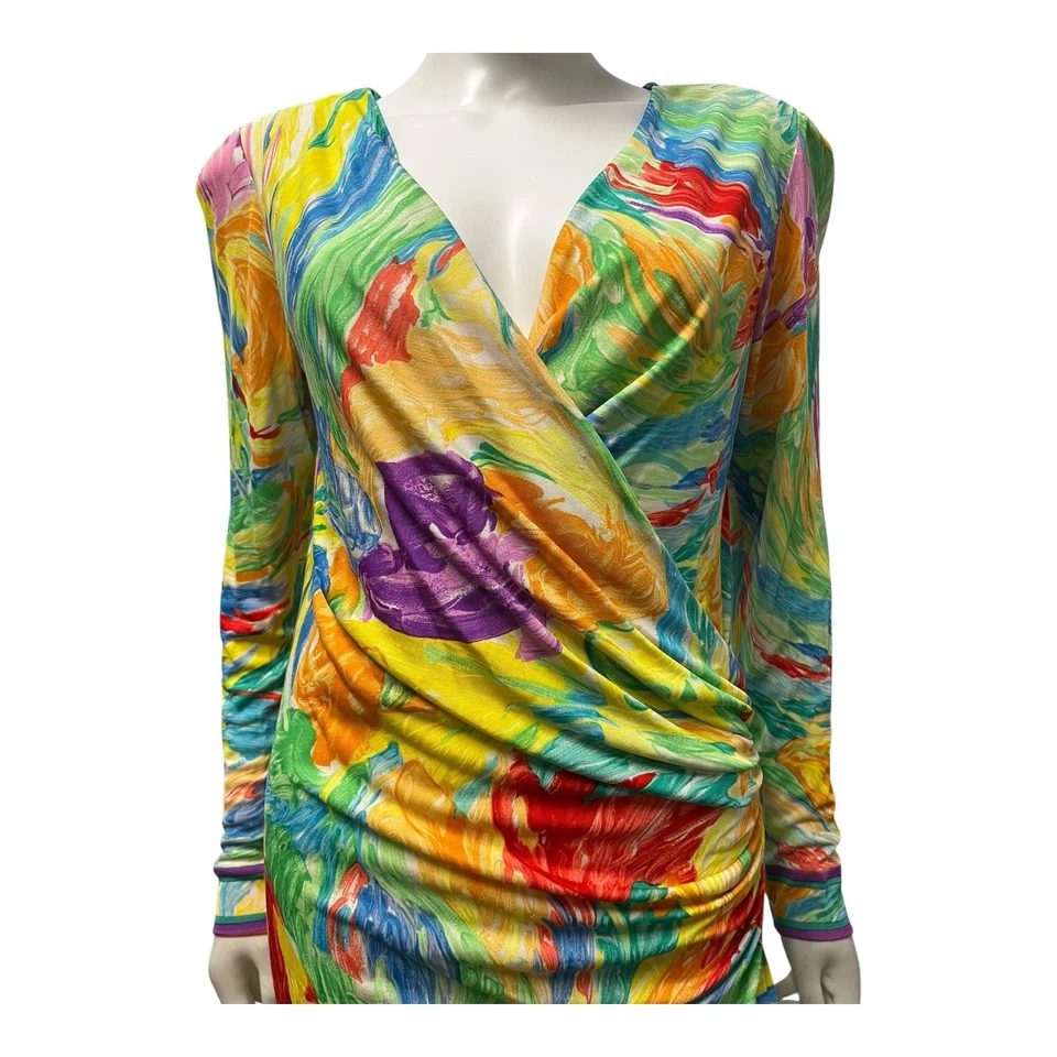 Vintage Leonard Paris Colorful Silk Jersey Ruched Dress M - Image 3 of 4