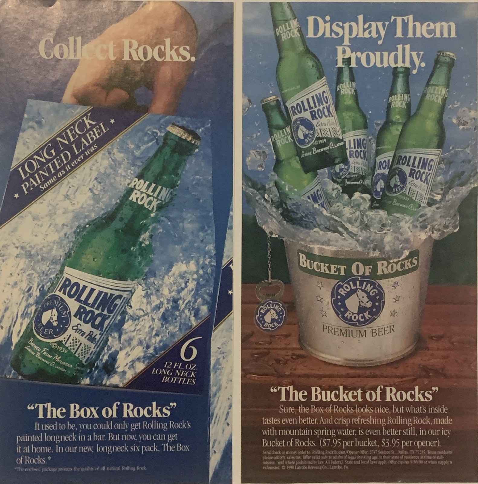 1990 Rolling Rock PRINT AD Collect Rocks - Display Proudly VTG 90s Box & Bucket