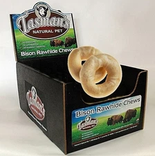 Tasman's Natural Pet 3-4" Small Bison Bagels. 24 Piece Cs. No harmful chemicals.