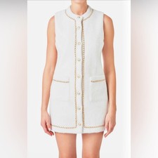 New Endless Rose Gold Chain Trim Fuzzy White Mini Shift Dress Chanel Inspired