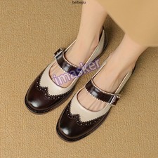 Women's Round Toe Vintage Wing Tip Mary Jane Buckle Leather Brogue Flat Shoes