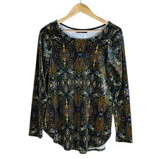 Karen Kane Velvet Paisley Print Long Sleeve Top Black Yellow Blue Womens S