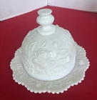 Imperial Milk Glass White Rose Motif Covered Cheese Butter Dish Vintage