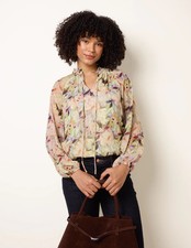  Blue Vanilla Womens  Watercolour Floral Printed Tie Front Blouse