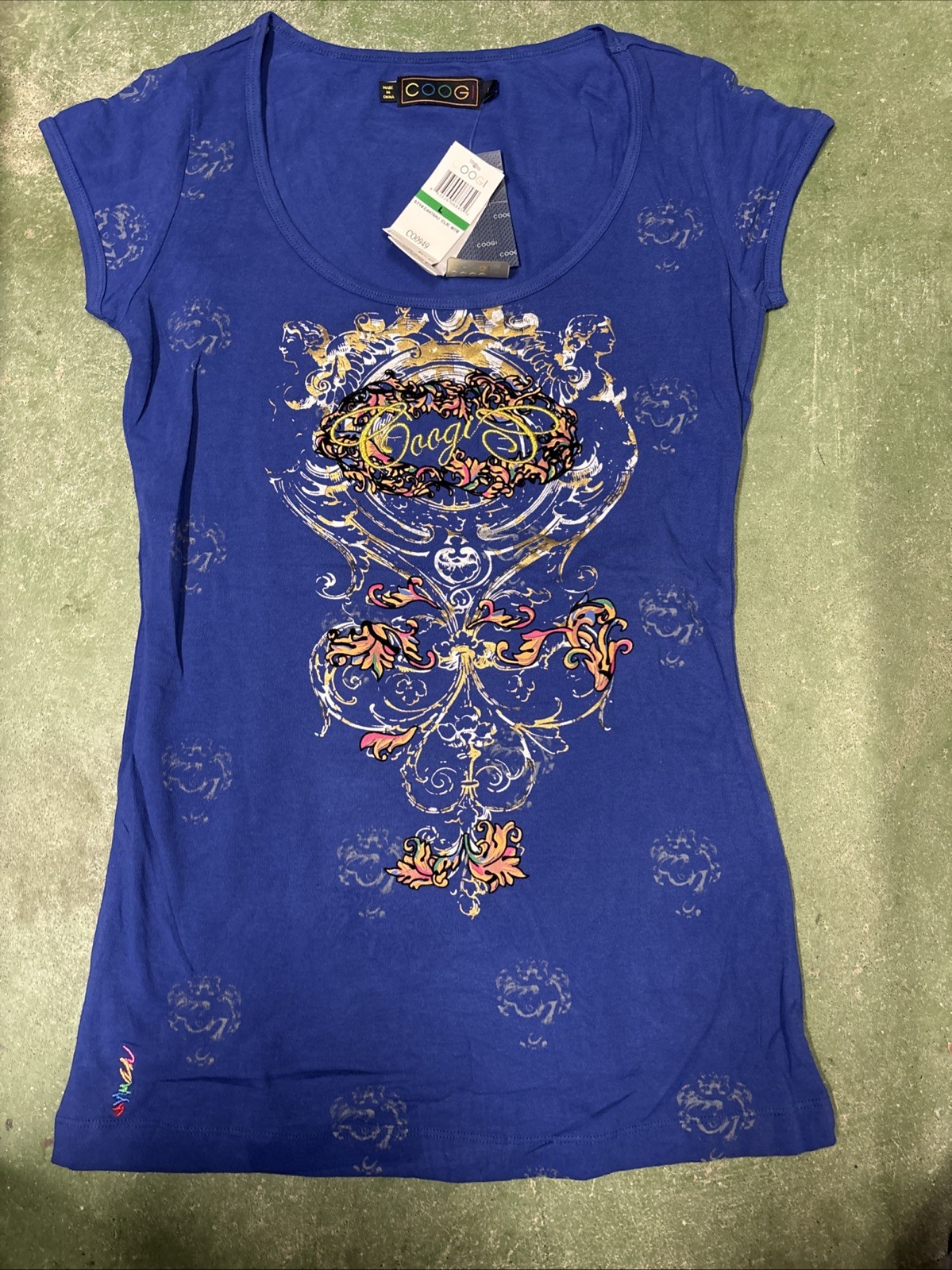 Coogi Scoop Neck Fitted Blue T Shirt Embroidered Beaded Gold Women's Size L