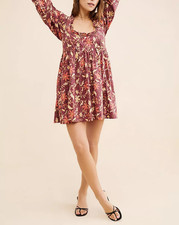 Free People Lola Floral Mini Dress Printed Balloon Sleeve Cutout Cotton S 286397