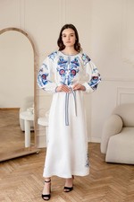 Women's Embroidered White Linen Maxi Dress Vyshyvanka with Belt Floral Boho Folk