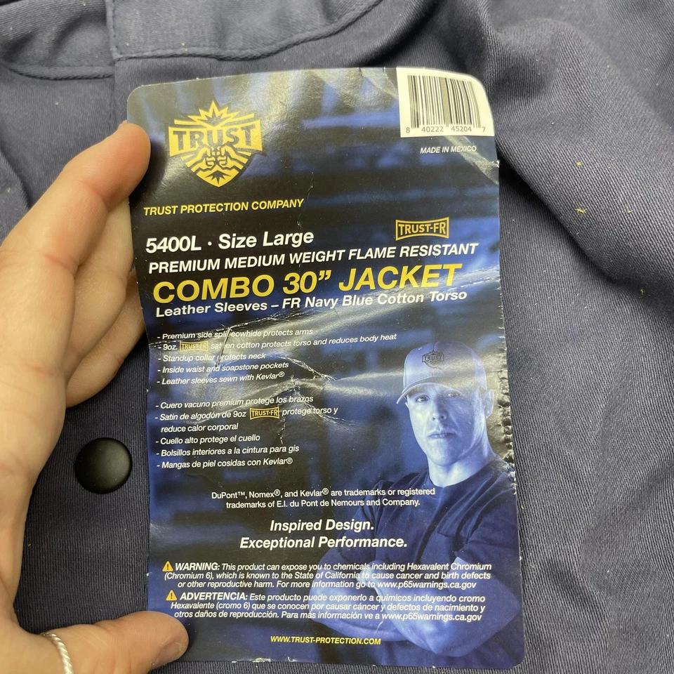 Trust Protection Welding Jacket Mens Large Navy Yellow FR Leather Sleeves 5400L - Image 3 of 4