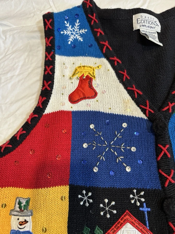 基本版复古节日圣诞装饰毛衣背心大号二手状况完好。 — 第 3/4 张图片