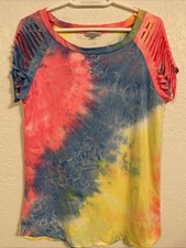 White Birch Women  s Tie Dye Shirt Fringe Sleeves Sz. Small
