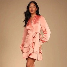 Lulu's Long Sleeve Coral Satin Ruffled Wrap Dress Size XS
