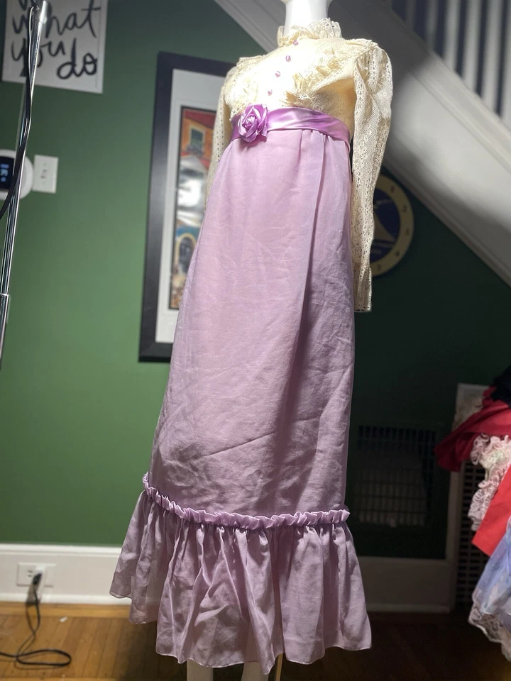 Vintage 60s Fairy Hippy Diva Hi Neck Lace Maxi Dress Empire Prom Gown XXS USA - Image 4 of 4