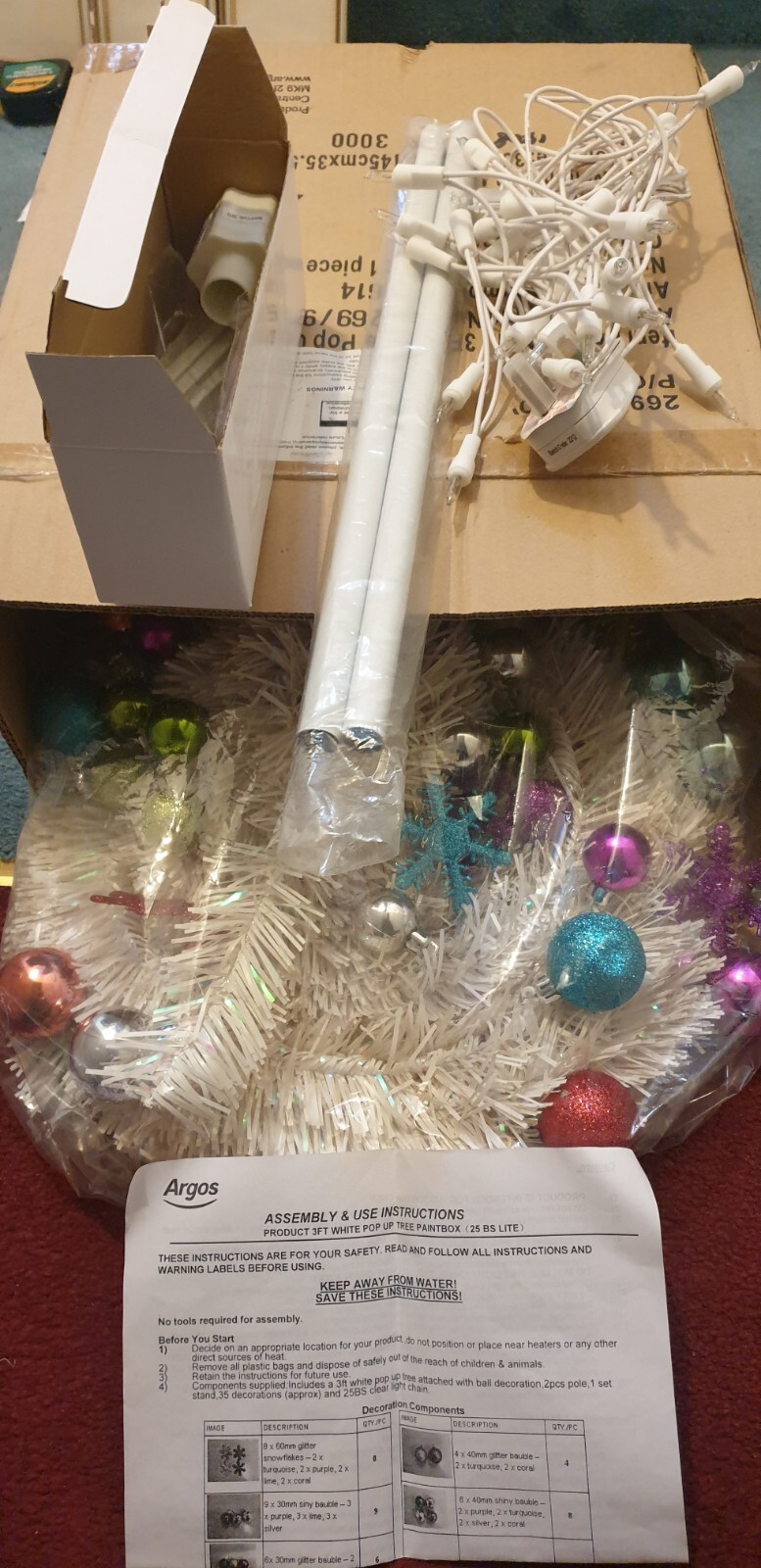 Easy Pop Up Snow White Christmas tree 3ft 90cm With Lights and