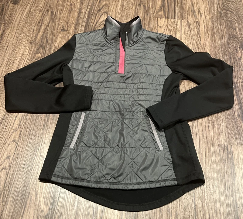 lole 1/4 zip track stretch thumb holes back zip pocket jacket