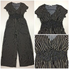 HOLLISTER Dark Blue White Mustard Striped Short Sleeve Jumpsuit Womens sz Small
