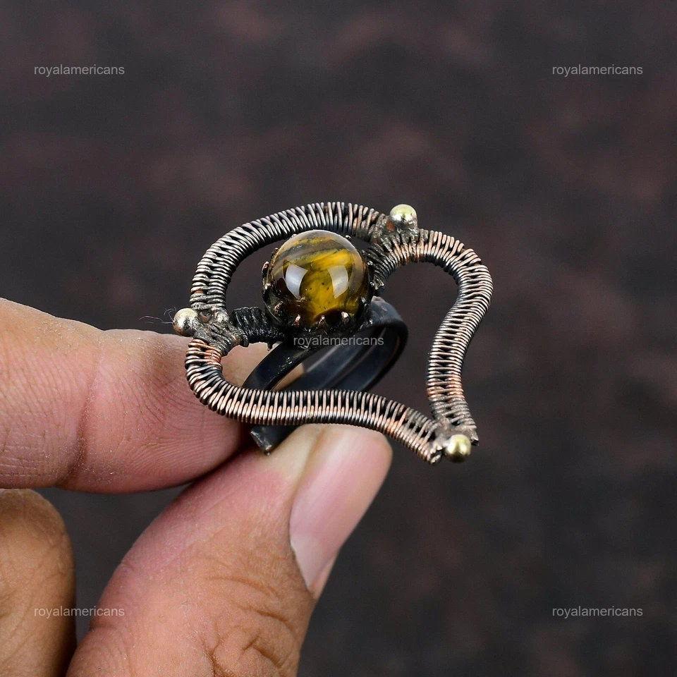 Anillo de Navidad Multi Piedra Declaración Cobre Ojo de Tigre Natural Venta Día de la Madre Foto 3 de 4