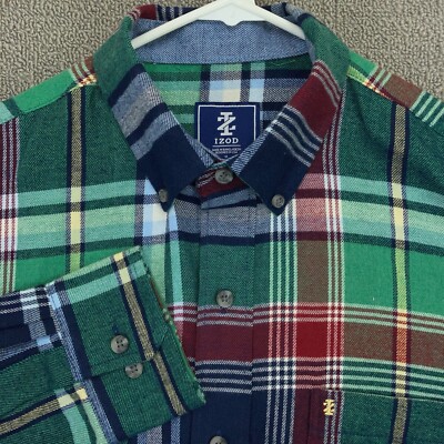 IZOD Shirt Flannel Mens Medium Green Blue Red Plaid Button Up Long Sleeve Pocket