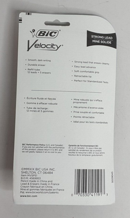 BIC Velocity Mechanical Pencils 0.5 mm Assorted Colors-refill  Eraser 2 x 5 PACK