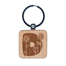 Sweet and Cute Flowers Rounded Block Letter D Engraved Wood Square Keychain