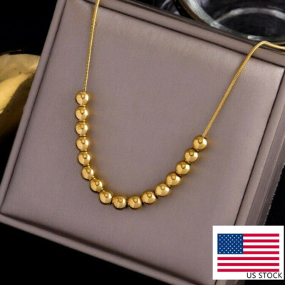 Woman 18K Gold Plated Stainless Steel Glossy Bead Bean Snake Chain Necklace 19''