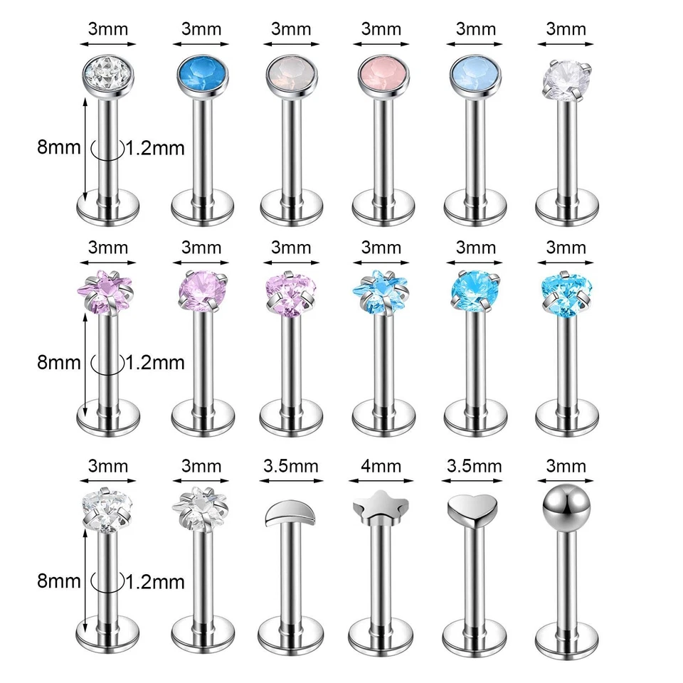 Juego de piercing labial Labret de acero quirúrgico/acrílico 16G circonita cúbica cartílago pendiente joyería Foto 2 de 4
