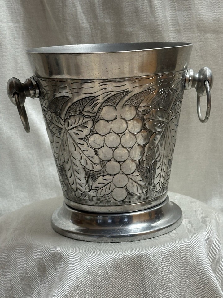 Vintage Embossed Aluminum Grapes Grapevine Leaves Handled Ice Bucket Champagne