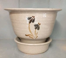 Jugtown Ware Pottery Planter Attached Plate Wood Smoke Glaze Flower Vtg. 1991