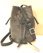 "Halston Heritage" bucket crossbody drawstring purse in gray and silver leather