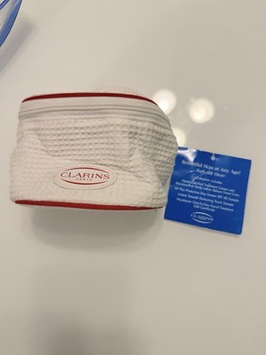 NWT Clarins White Waffle Cosmetic Bag / Travel Pouch