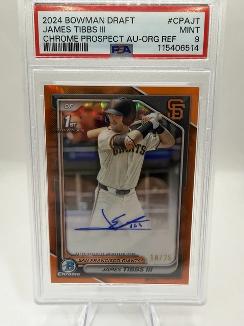 James Tibbs III 2024 Bowman Draft 1st Bowman Orange Auto /25 Color Match PSA 9