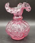 VINTAGE Fenton Cranberry Pink Pinch Ruffle Top Vase, Melon Shape Ribbed Base