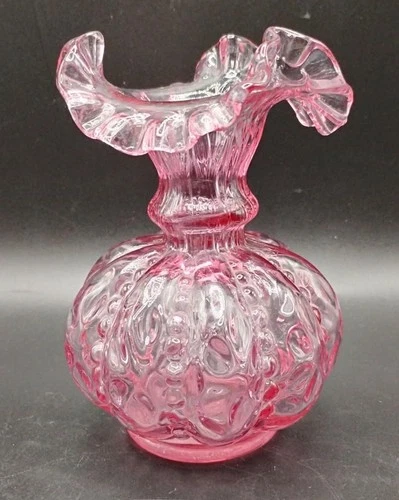 VINTAGE Fenton Cranberry Pink Pinch Ruffle Top Vase, Melon Shape Ribbed Base