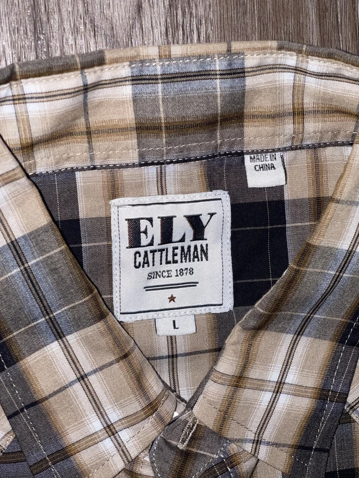 Camisa de Ganadero ELY Para Hombres Grande Marrón A Cuadros Perla Occidental A Presión Manga Larga Vaquero Foto 2 de 4