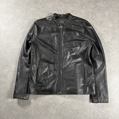 Pretty Green Jacket Mens Large Black Soft Leather Biker Cafe Racer Mod Lined